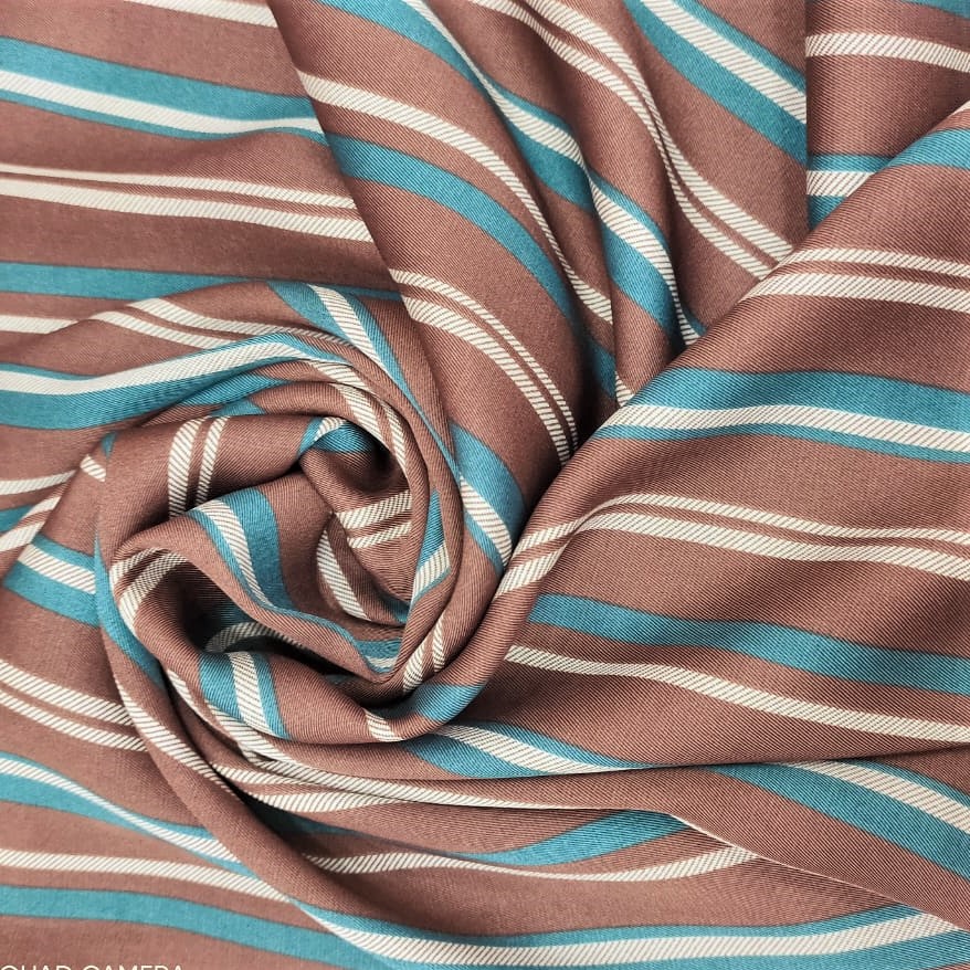 Brown And Green Stripes Print On Twill Satin Fabric