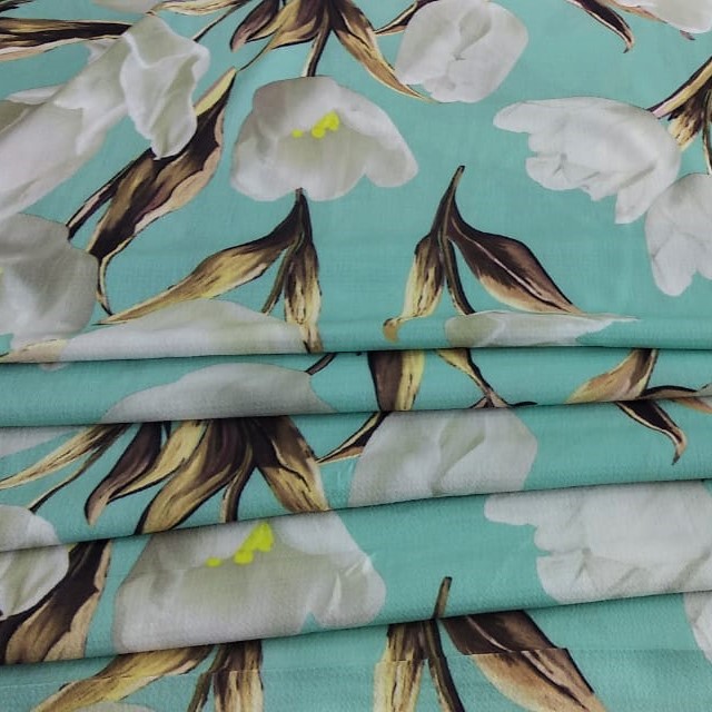 Flying Tulips (Aqua And White) Print On Snake Crepe Fabric