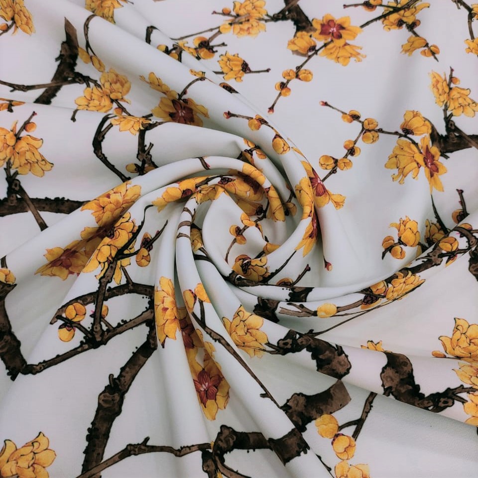 Cherry Blossom Print On Barbie/Banana Crepe