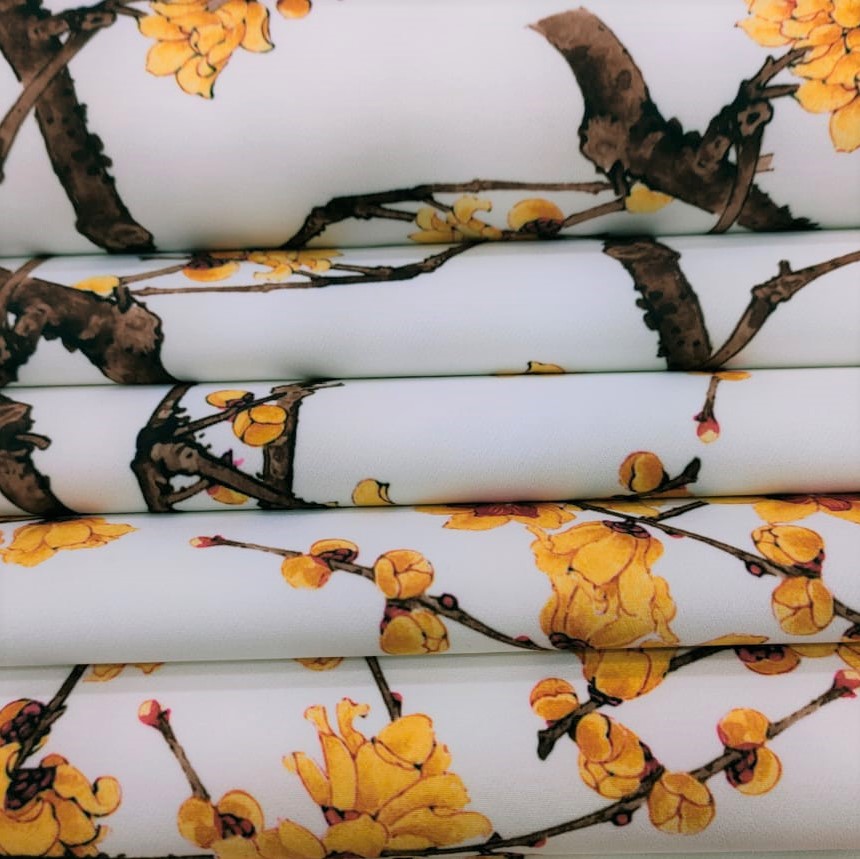 Cherry Blossom Print On Barbie/Banana Crepe