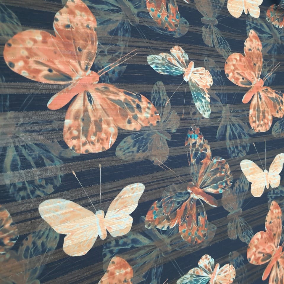 Chiffon Lurex Stripe Light Peach Dragonfly Print