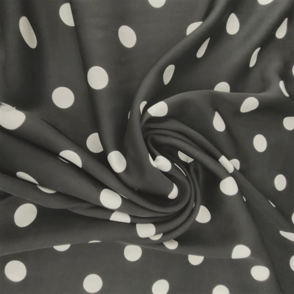 Polka Dots(Black) Print On Twill Satin Fabric