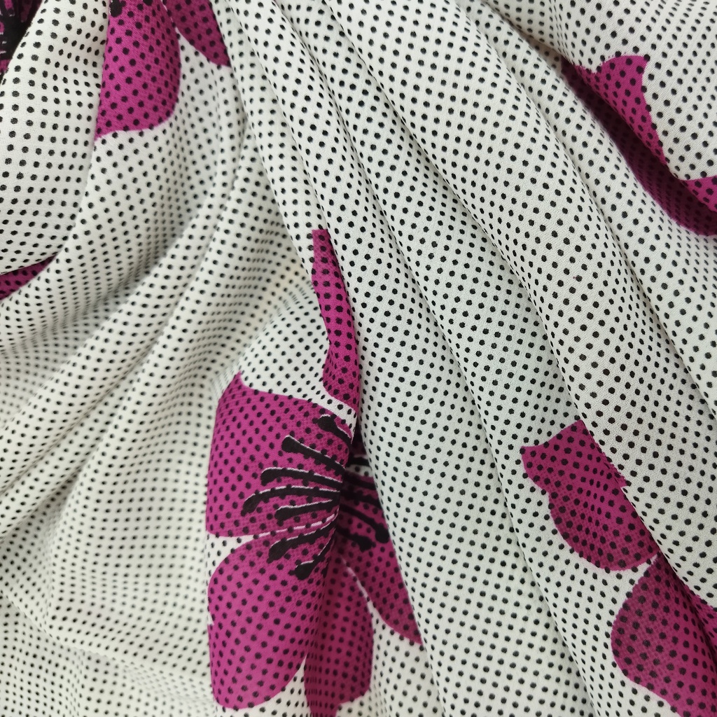 Black Dots & Dark Pink Flower Print On Georgette
