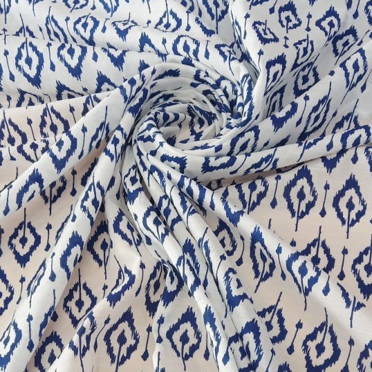 White Cotton Ethnic Blue Block Print Woven Fabric