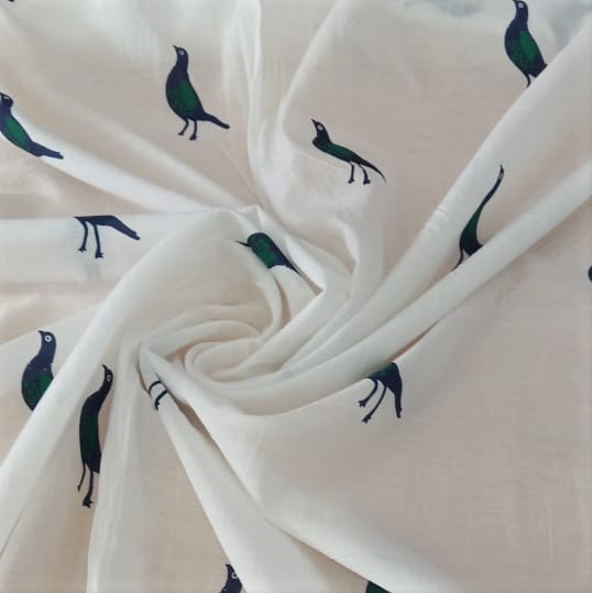 White Cotton Blue Brid Block Print Woven Fabric