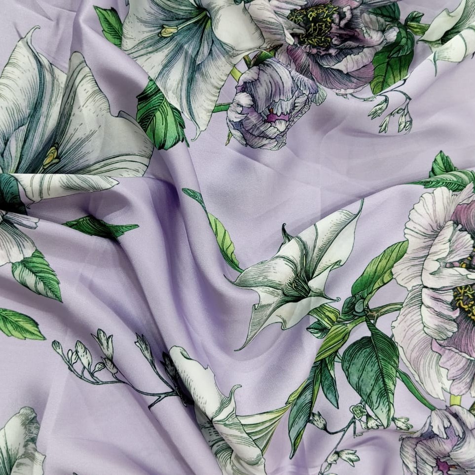 Voilet Base Hibiscus Flower Print On Korean Satin SS22A-KSPA42