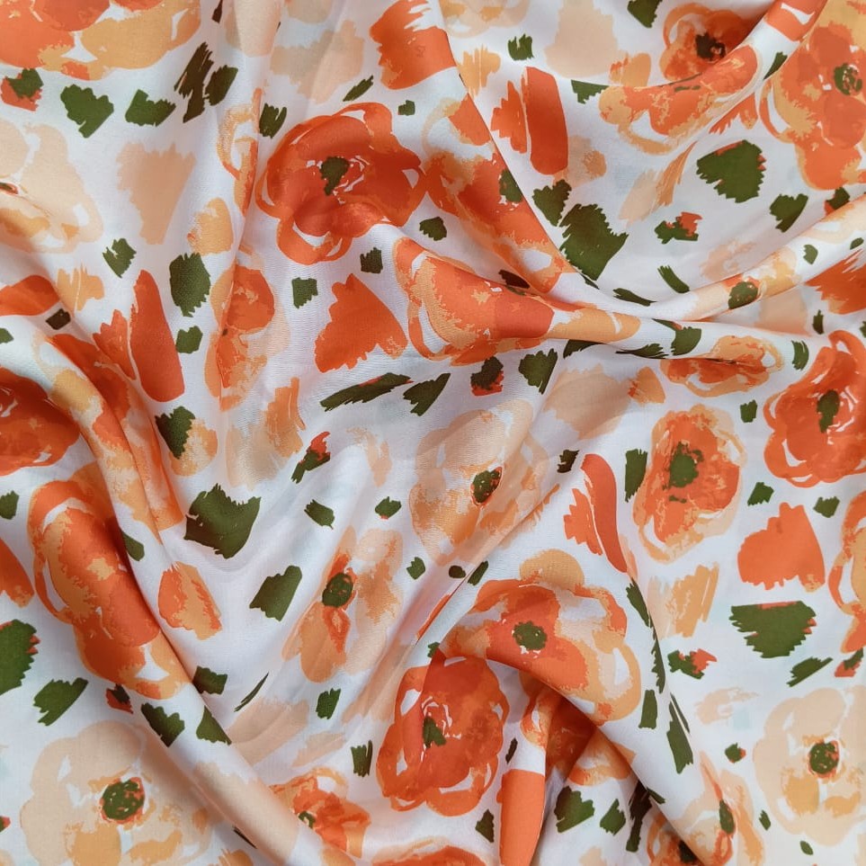 Red Flower White Base Print On Korean Satin SS22N KSPB50