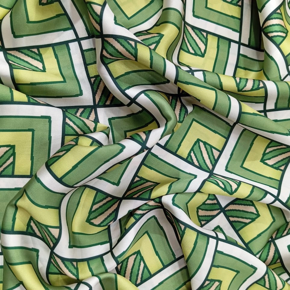 Green Geometrical Box Print On Korean Satin SS2N KSPB68
