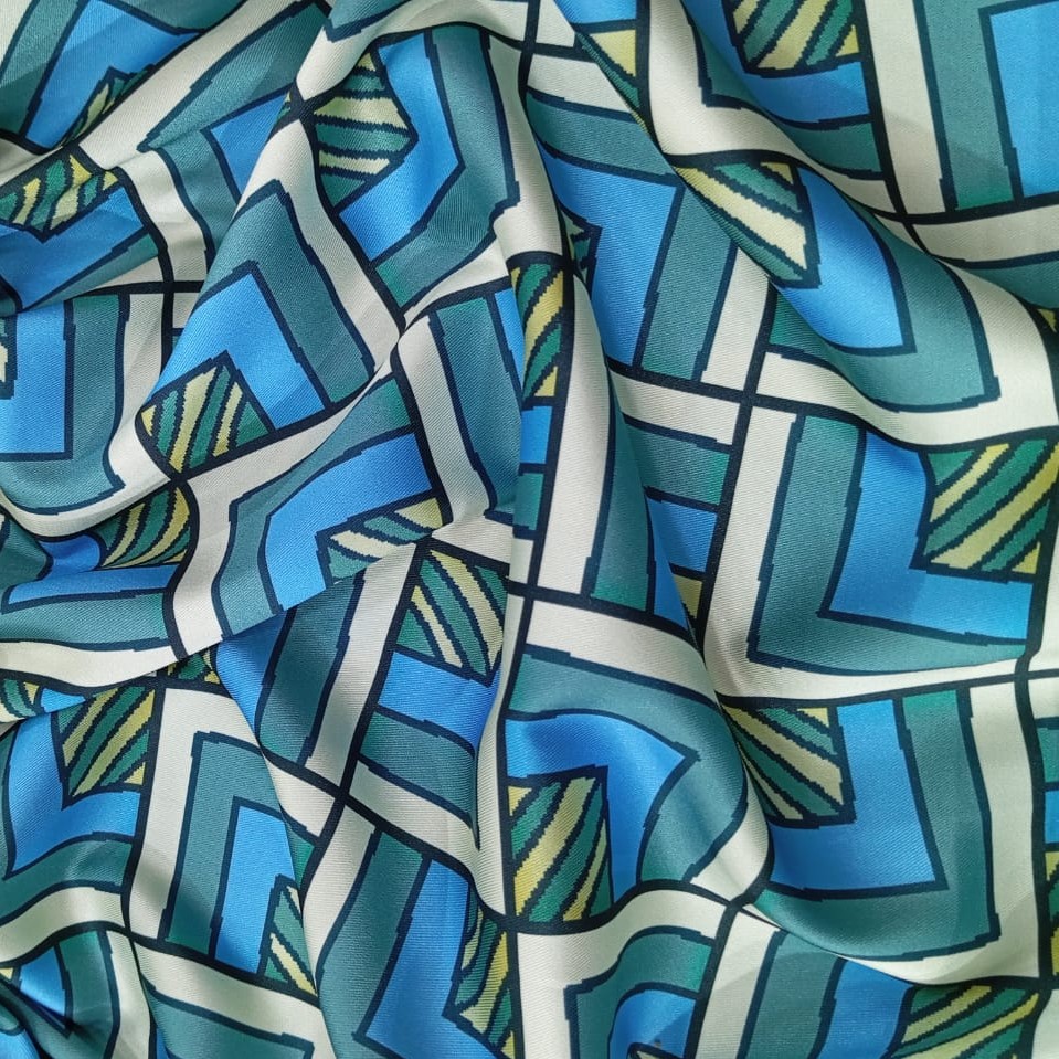 Blue Geometrical Box Print On Twill Satin (D#91C#3) TSPS38