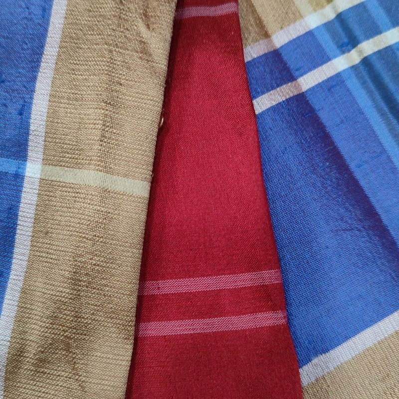 Dupion Silk -Red & Cream & Blue-Check