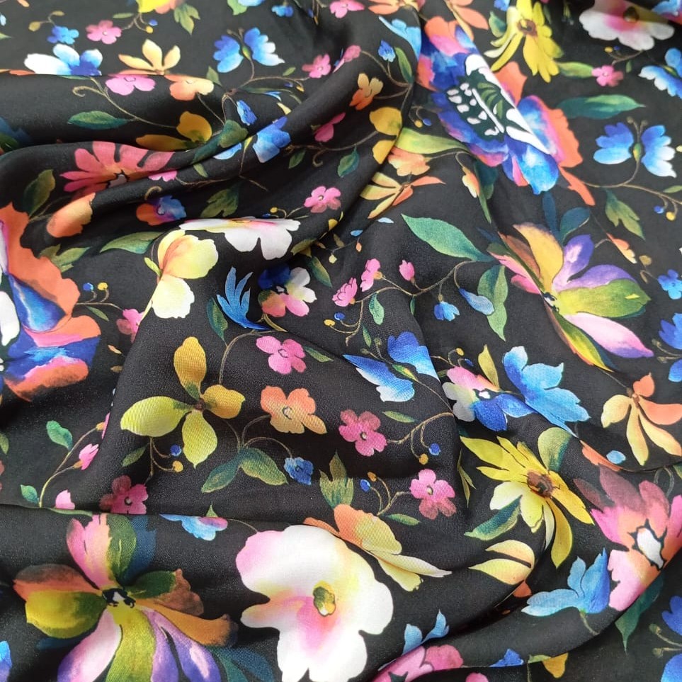 Floral Black Base Print On Korean Satin S24 KSPS24