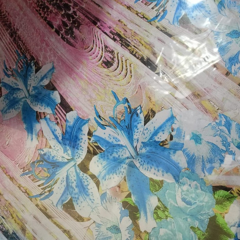 Blue Lilly Flower Print On Habutai Satin S24 HSPS41