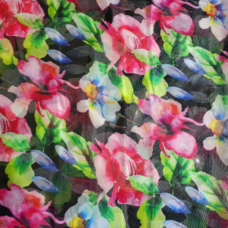 Black Base Floral Print On Habutai Satin S24 HSPS73