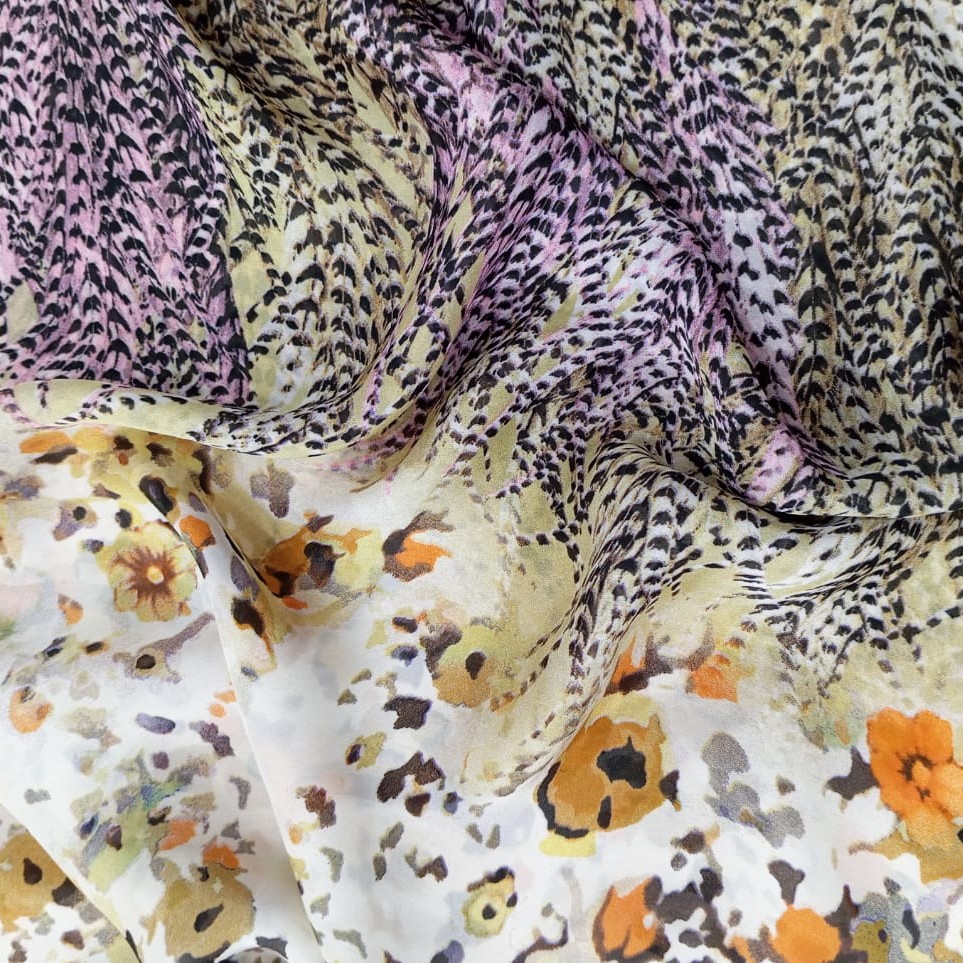 White Base Border Floral Print On Habutai Satin S24 HSPS78