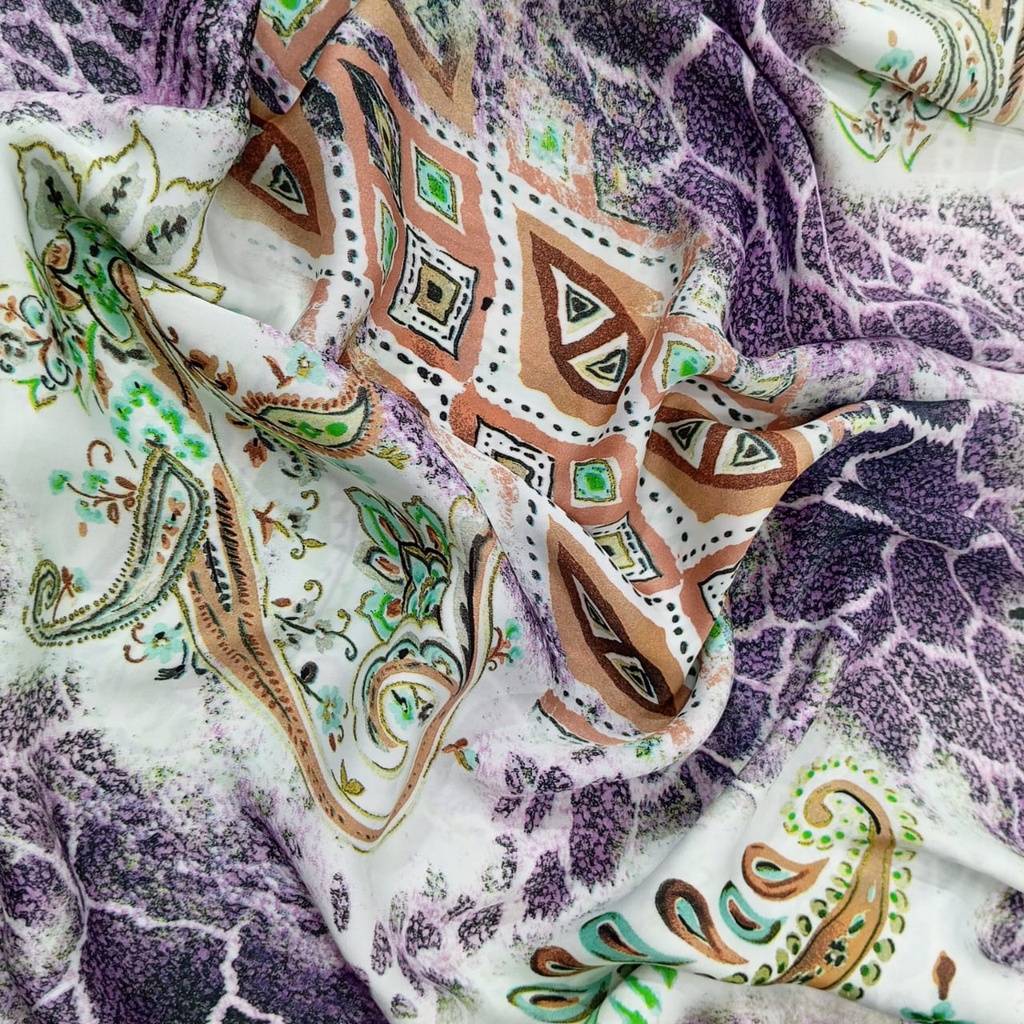 Voilet Base Brown Paisley Print On Habutai Satin S24 HSPS42