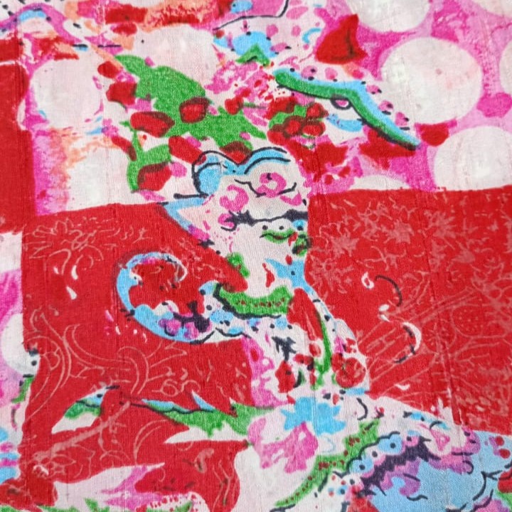 Red Base Floral Print On Dupion Silk