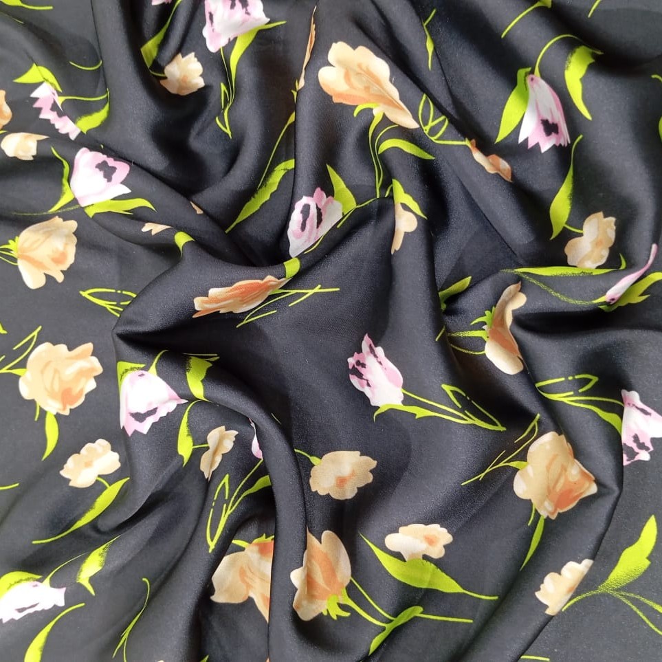 Black Base Flower Print On Habutai Satin S24 HSPS72