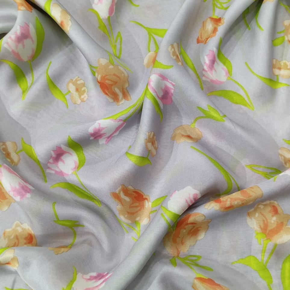 Creamy Base Flower Print On Habutai Satin S24 HSPS71