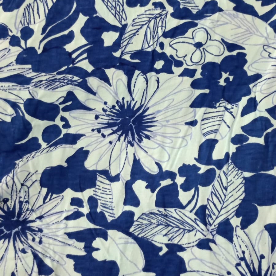 Blue Base Flower Print On Cotton Knitted CKPS21
