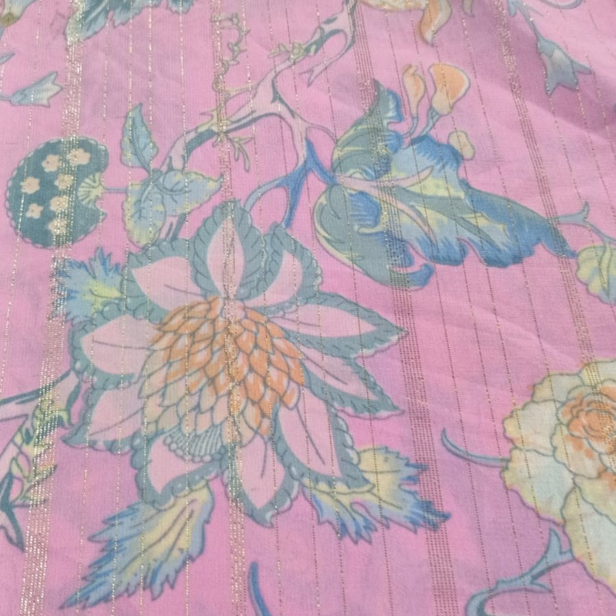 Pink Base Flower Print On Poly Crepe Lurex PCLP02