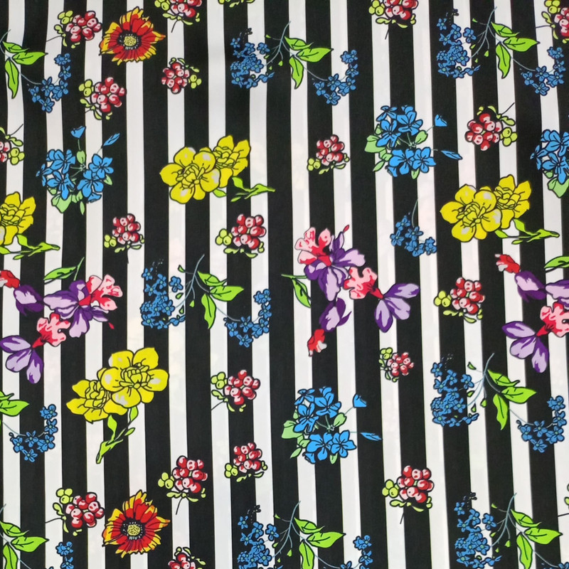 Flowered Black and White Stripes Print On Korean Satin S3-KSPS40