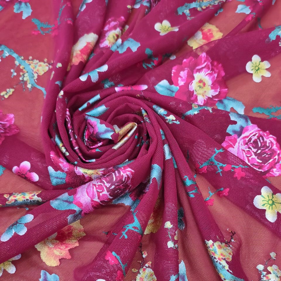 Mulberry Plum Floral Print On 3D Net S24 3DPS15