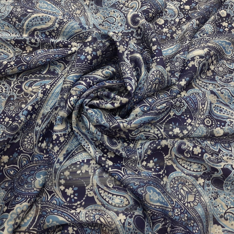 Indigo Paisley Print on Chiffon Lurex