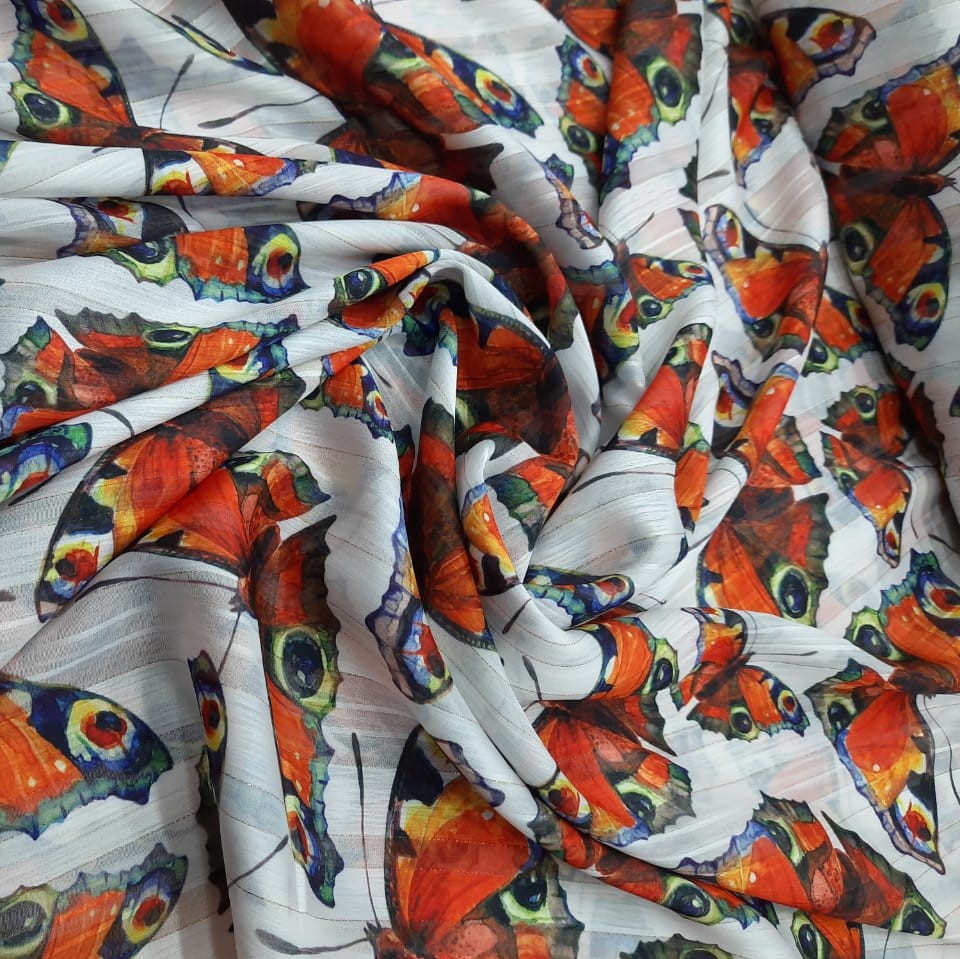 Orange Monarch Butterfly Print on Chiffon Lurex