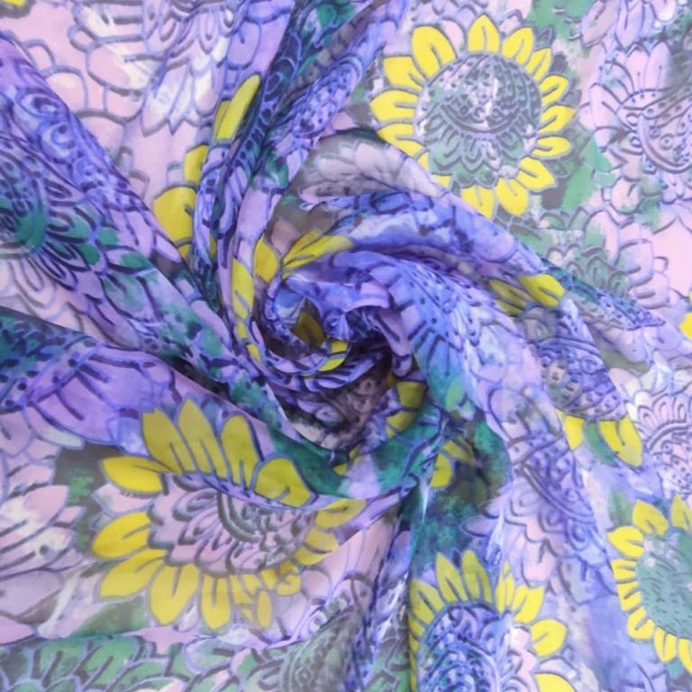Purple Sunflower Print On Silk Chiffon S23-SCPS257