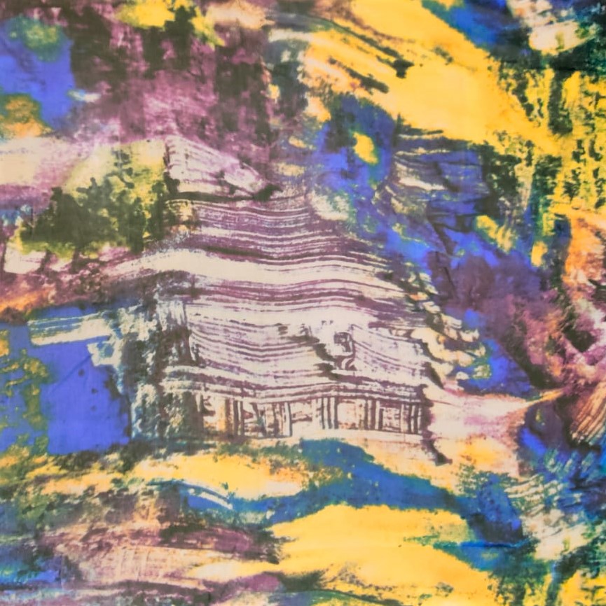 Brush Art Scenery Print On Silk Chiffon S23-SCPS130