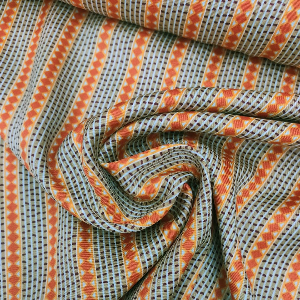 Beige & Orange Ethnic Stripe Print On Twill Satin (SS24) TSPS08