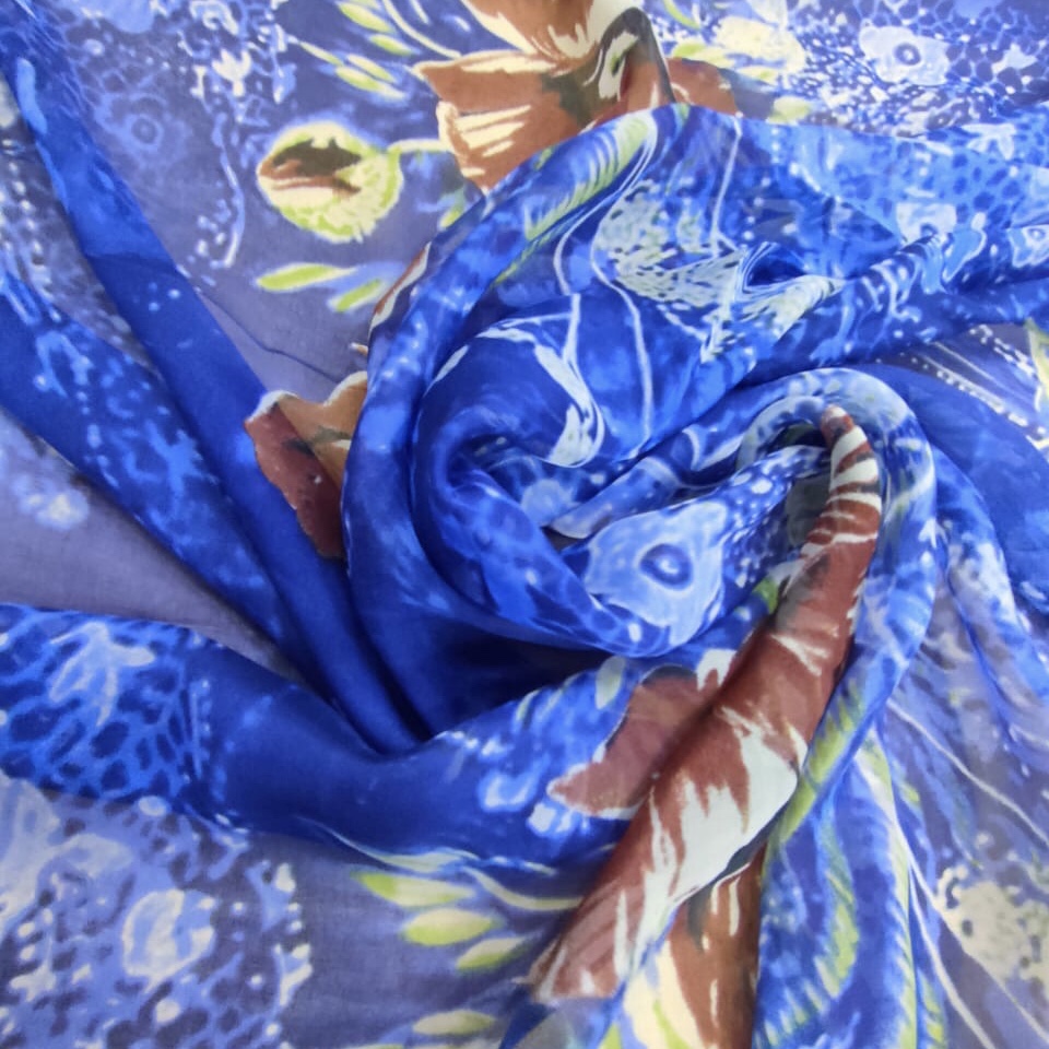 Underwater Blooms Print On Silk Chiffon S23-SCPS264