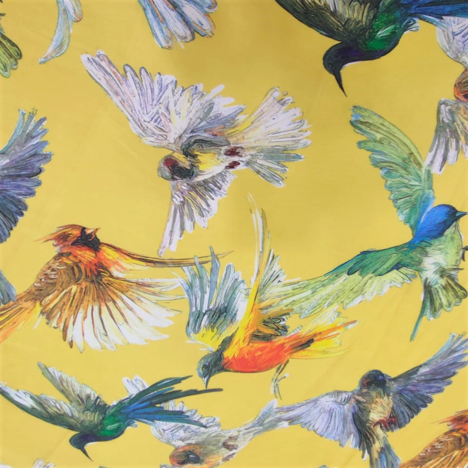Yellow Base Birds Print On Korean Satin S23-KSPS117