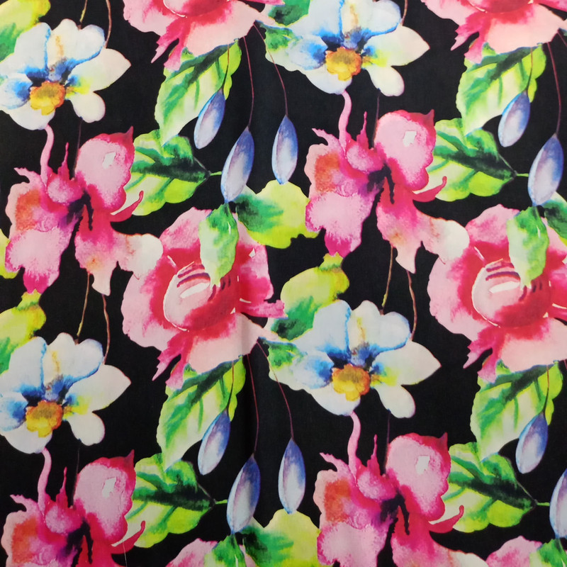 Black Base Floral Print On Korean Satin S23 KSPS20