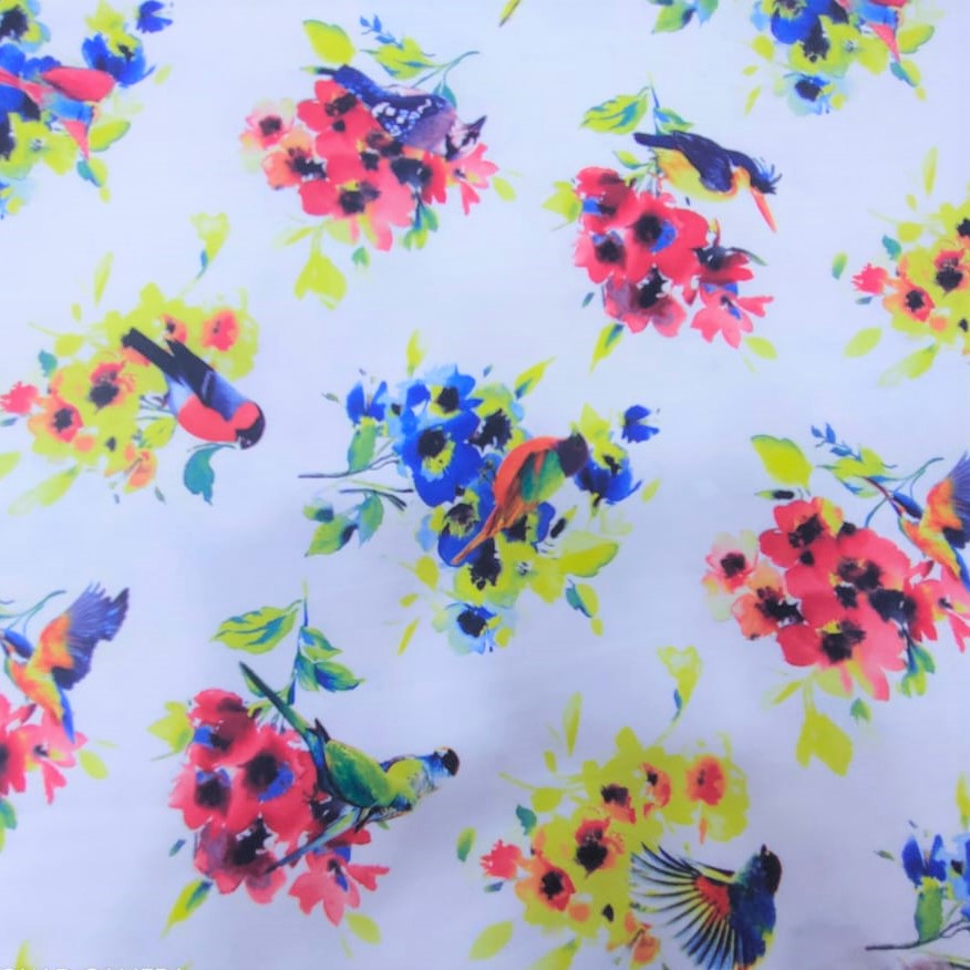 White Base Floral Print On Korean Satin S23-KSPS113