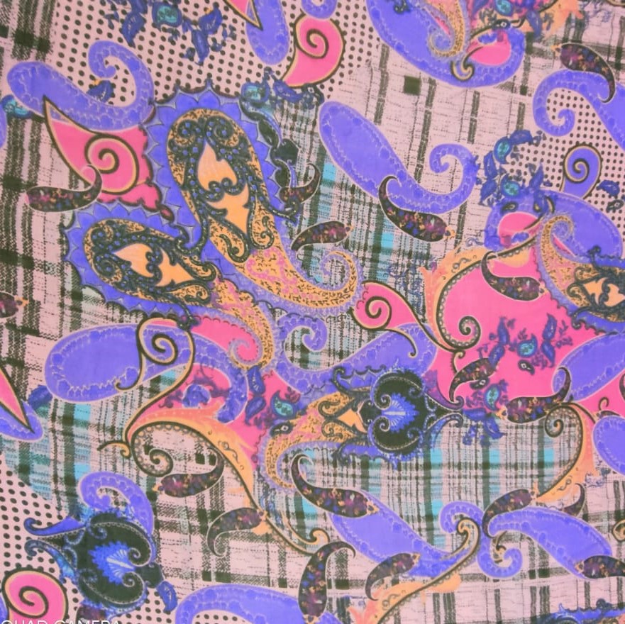 Blue Paisley Print On Silk Chiffon S23-SCPS119