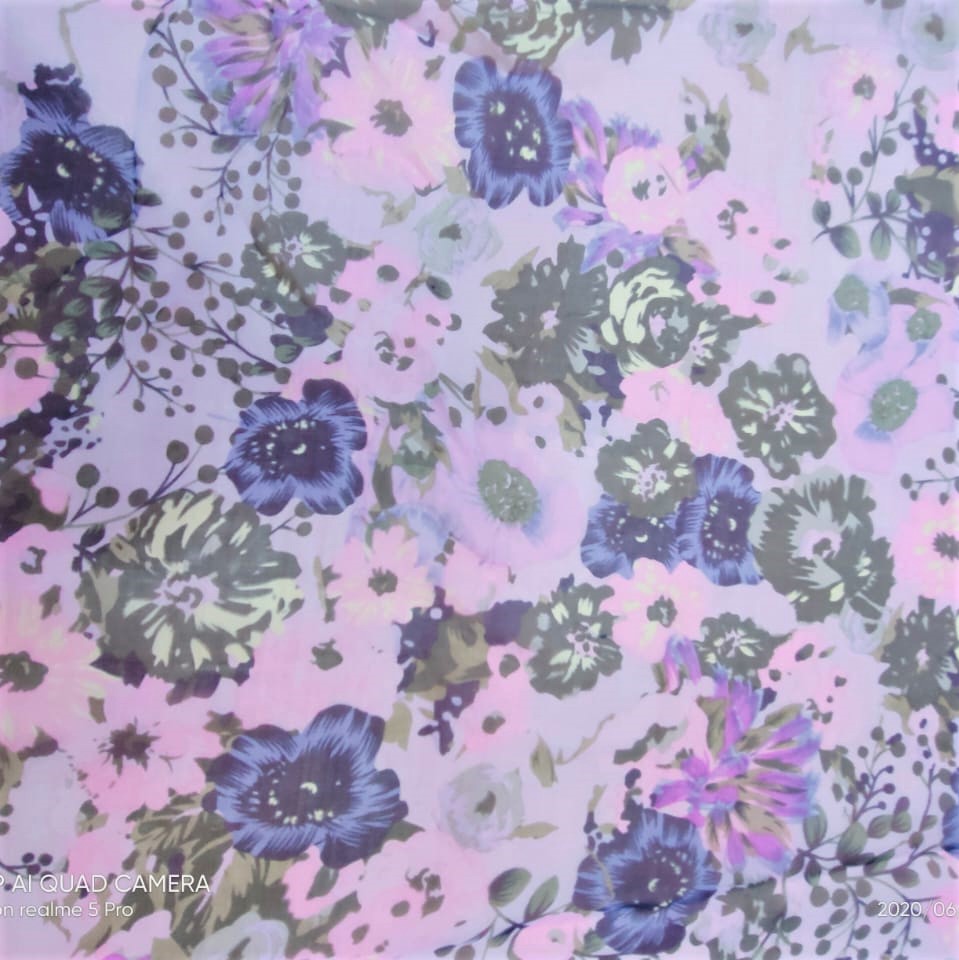Blue Flower Print On Silk Chiffon S23-SCPS231
