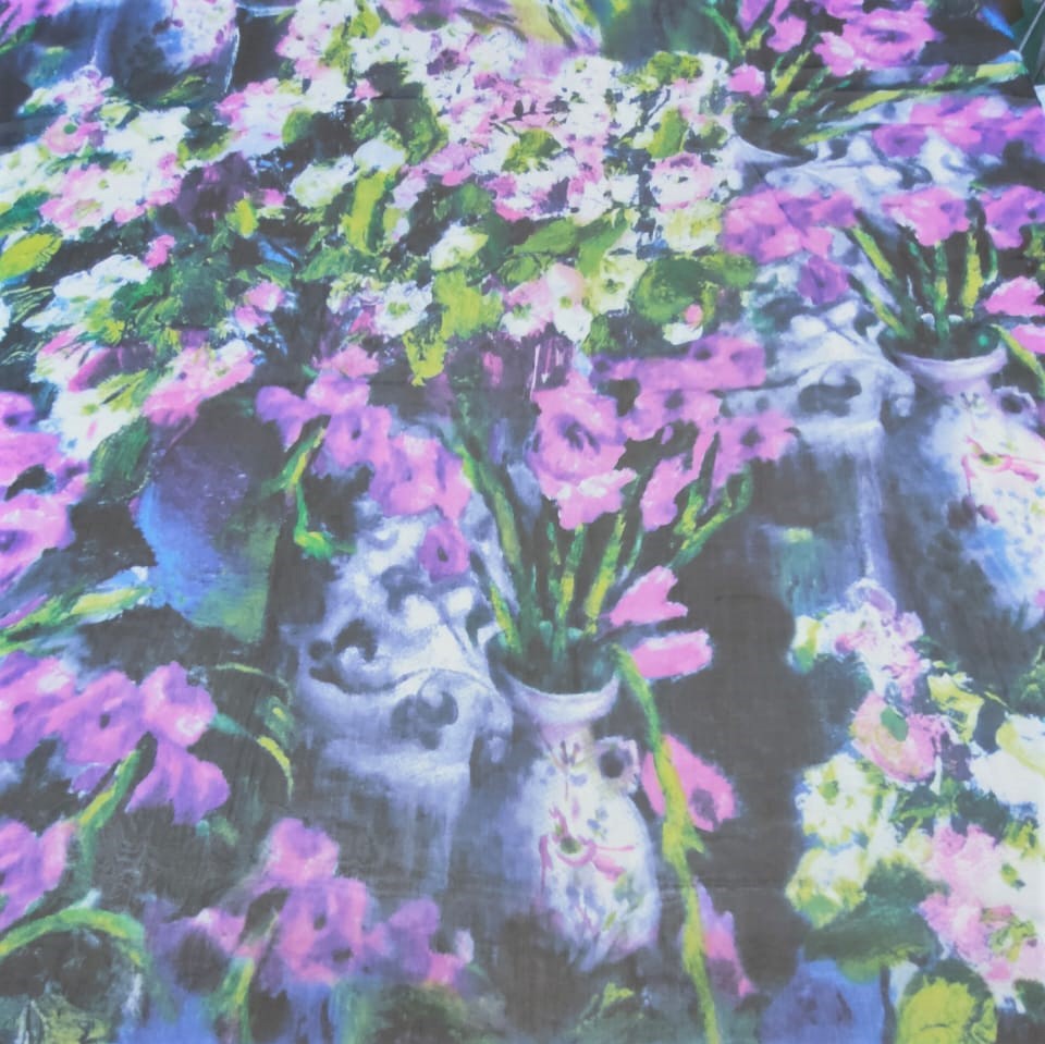 Pot Violte Flowers Print On Silk Chiffon S23-SCPS189