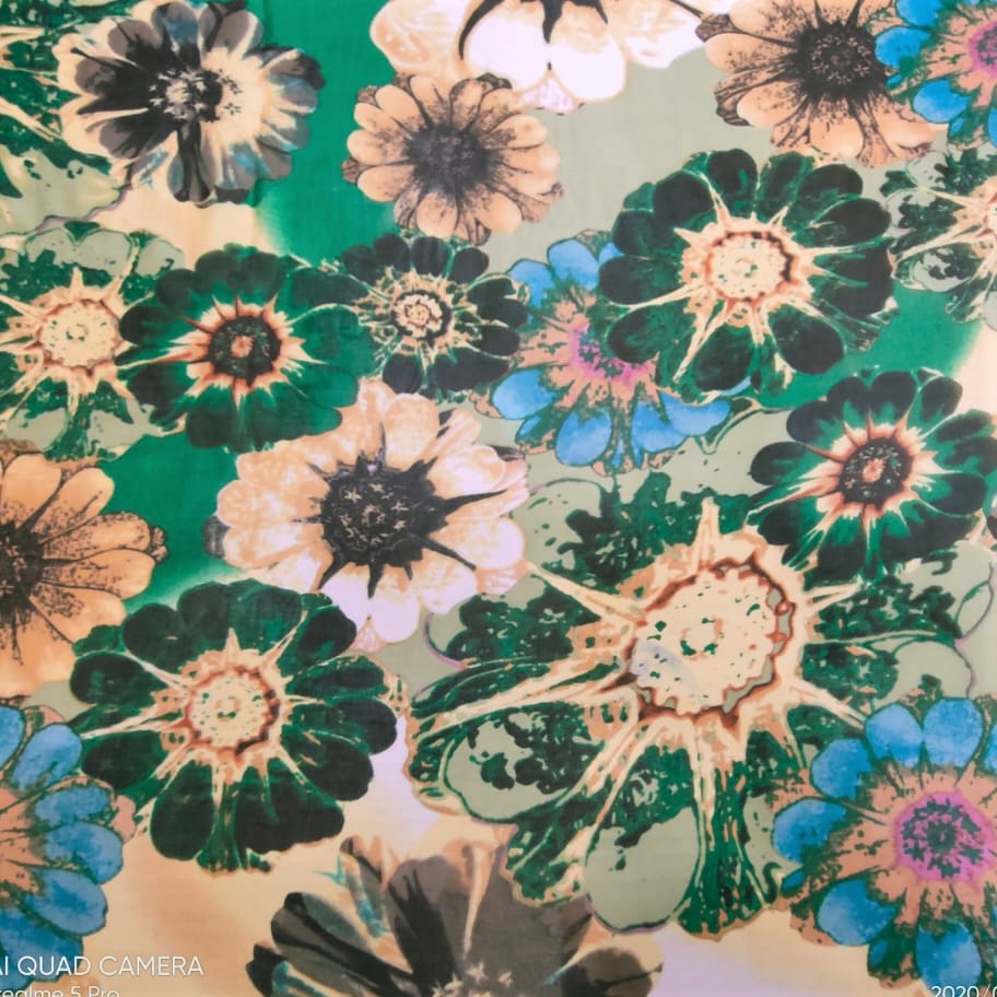Vintage Green Flower Print On Silk Chiffon S23-SCPS206