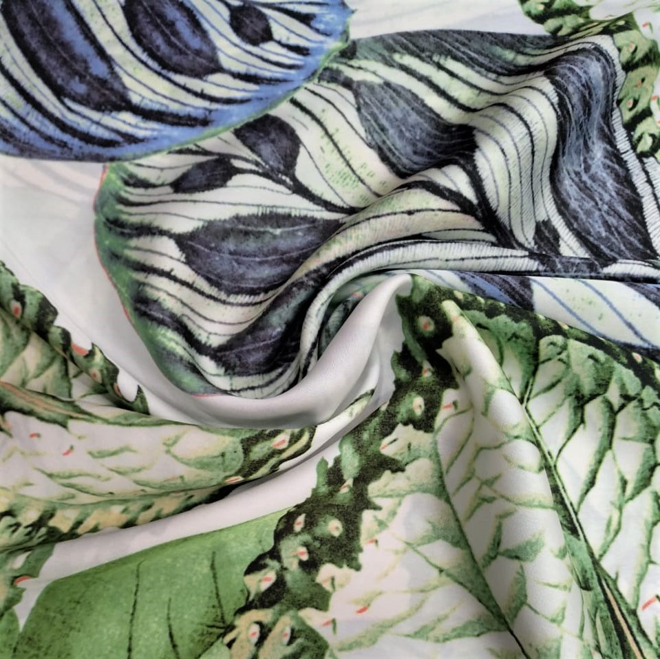 Green & Blue Tropical Print On 50D Satin Dyed Fabric