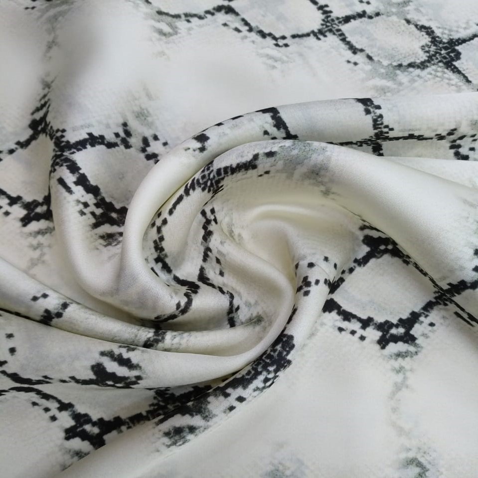 Off white & Black Skin Print On 50D Satin Dyed Fabric