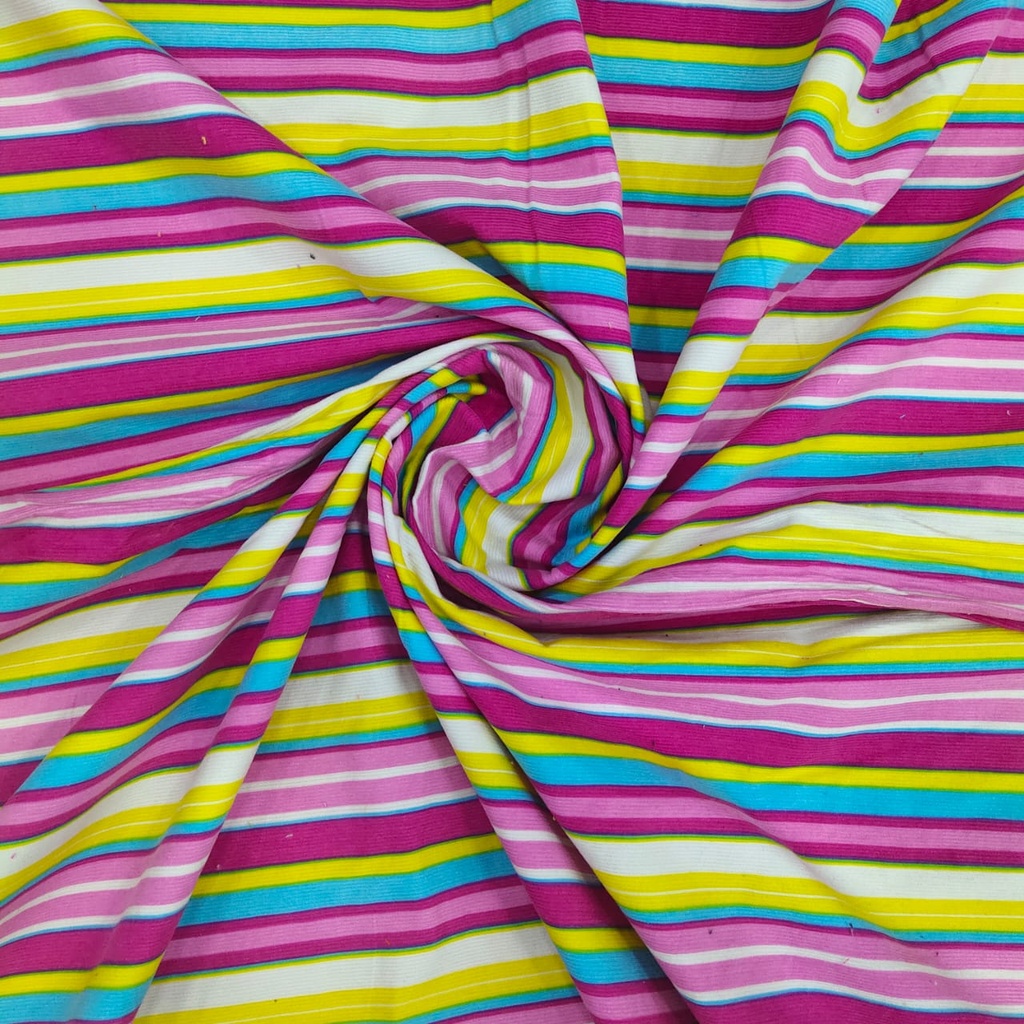 Pink & Yellow Stripes Print On Cotton Corduroy Fabric