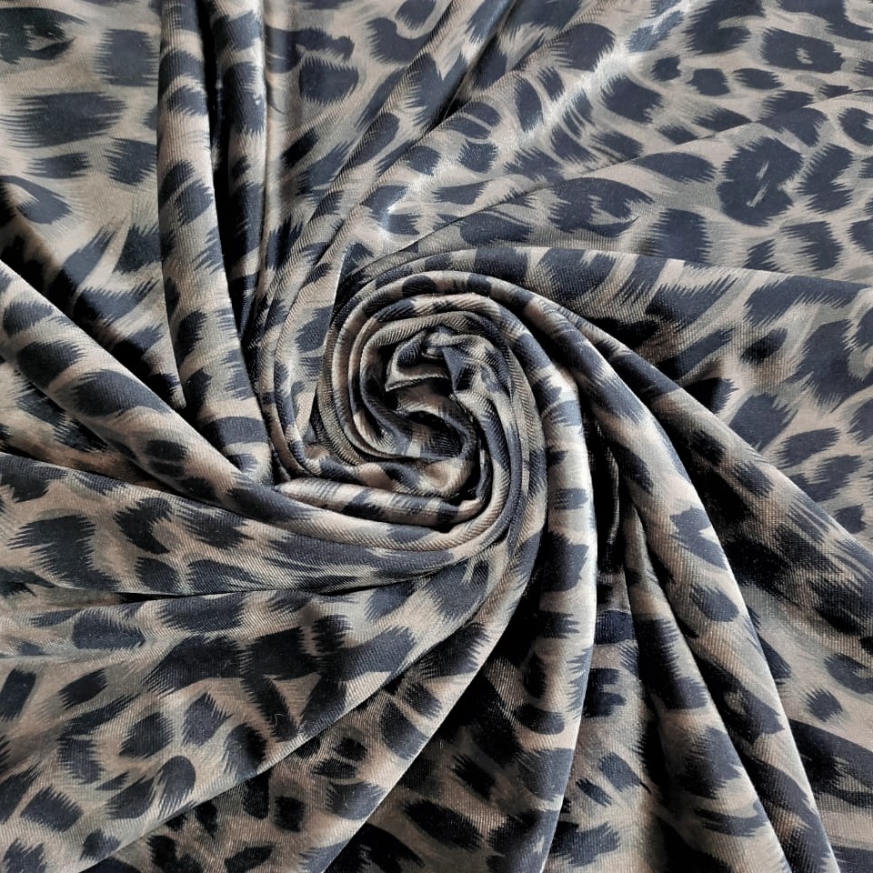 Black & Grey Leopard Print On Velvet Fabric