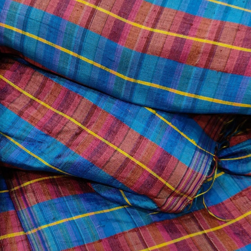 Raw Silk Dupion-Red & Blue-Check