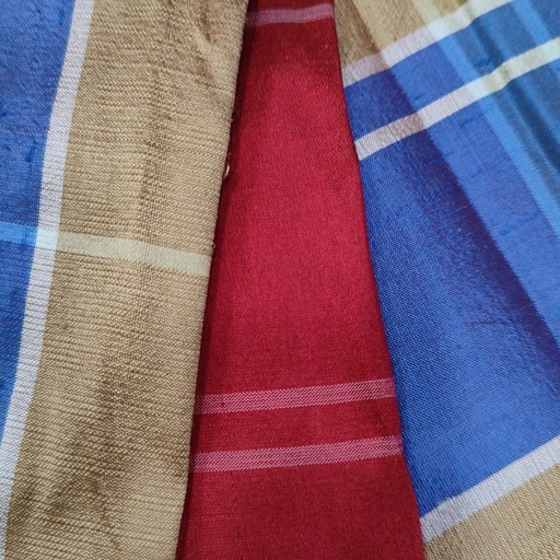 Dupion Silk -Red & Cream & Blue-Check