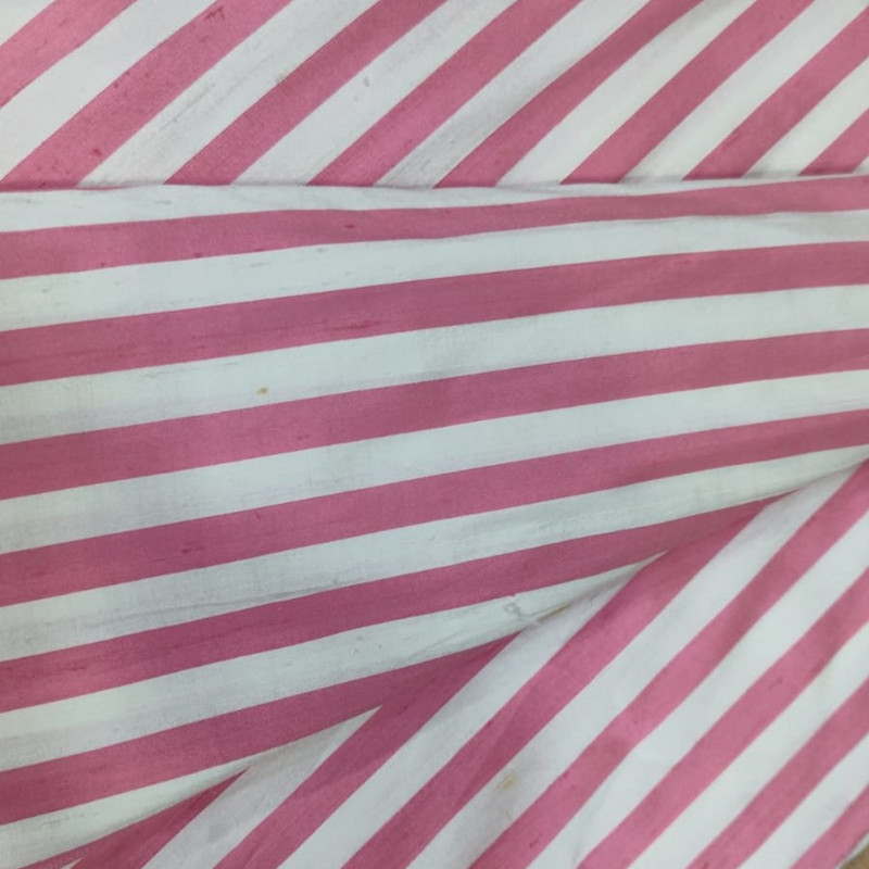 Dupion Silk -White & Pink - Stripes