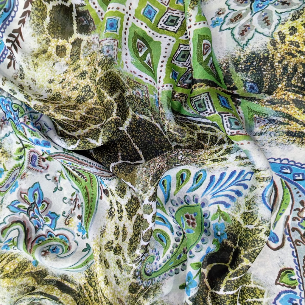 Green Base Blue Paisley Print On Habutai Satin S24 HSPS33
