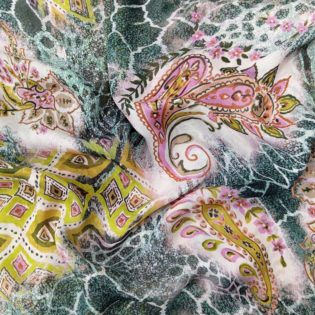 Green Base Abstract Pasiley Print On Habutai Satin S24 HSPS37