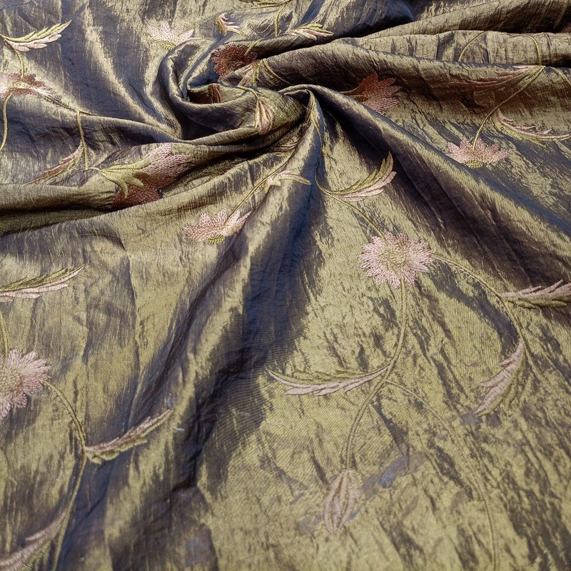 Sunflower Floral Prints On Embroidered Taffeta