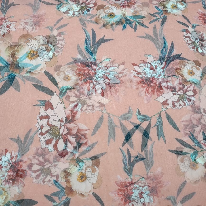 Peach Base Big Flower Print On Organza S24 ORPS01